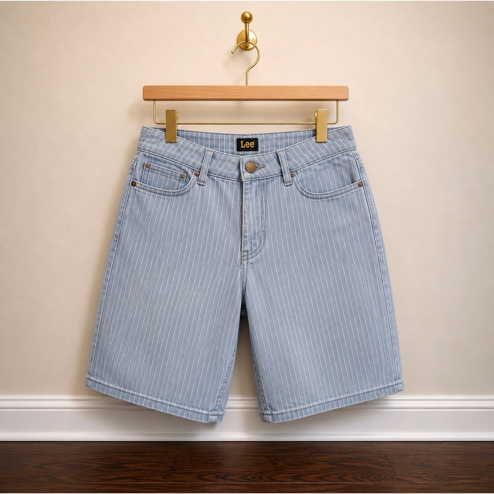 Lee Womens Pinstripe Denim Shorts Light Blue White Striped Mid Rise 16M
